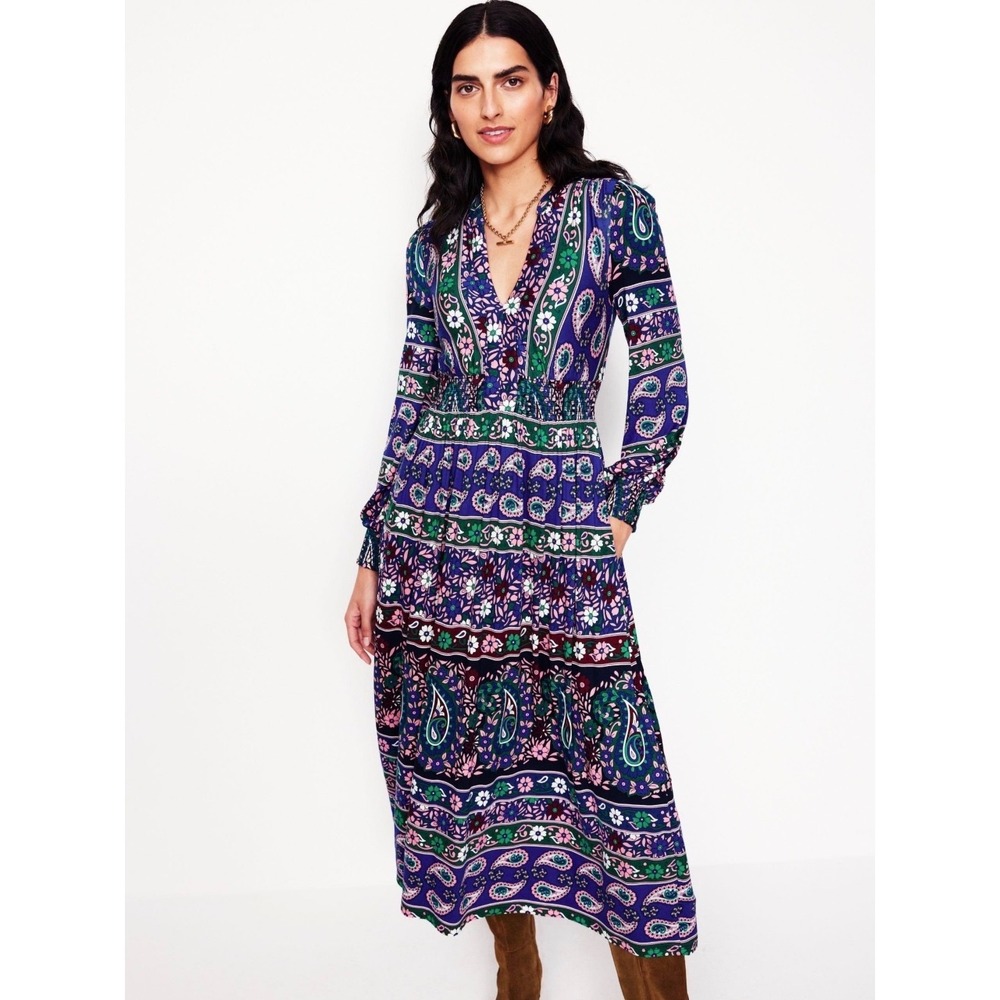 Boden Ivy Border Print Midi Dress Blue Paisley Boho Cottagecore Prairie 4R
